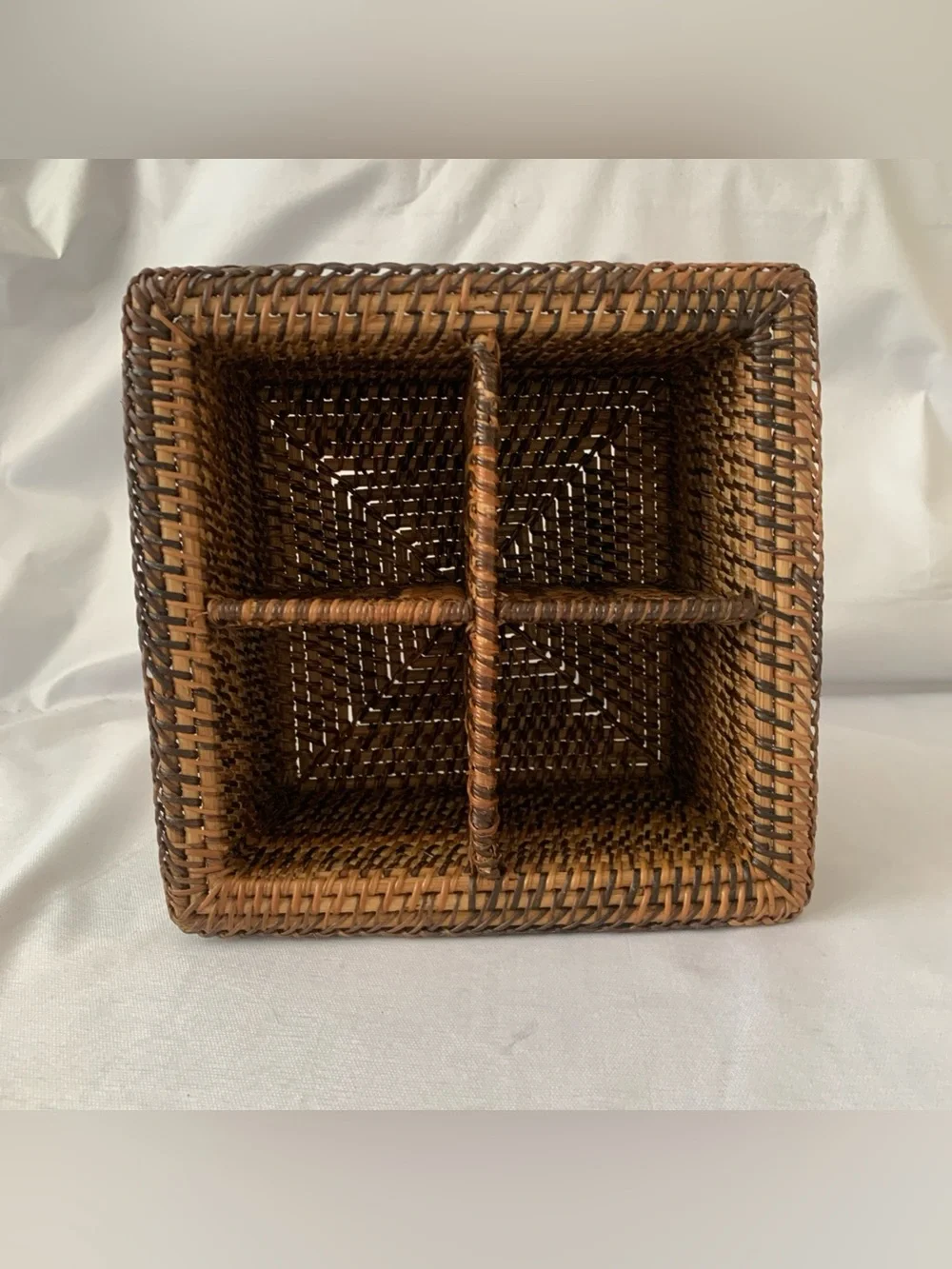 VTG Hand Woven Wicker Rattan Basket 4 Section Utensil Holder 8” Square Container